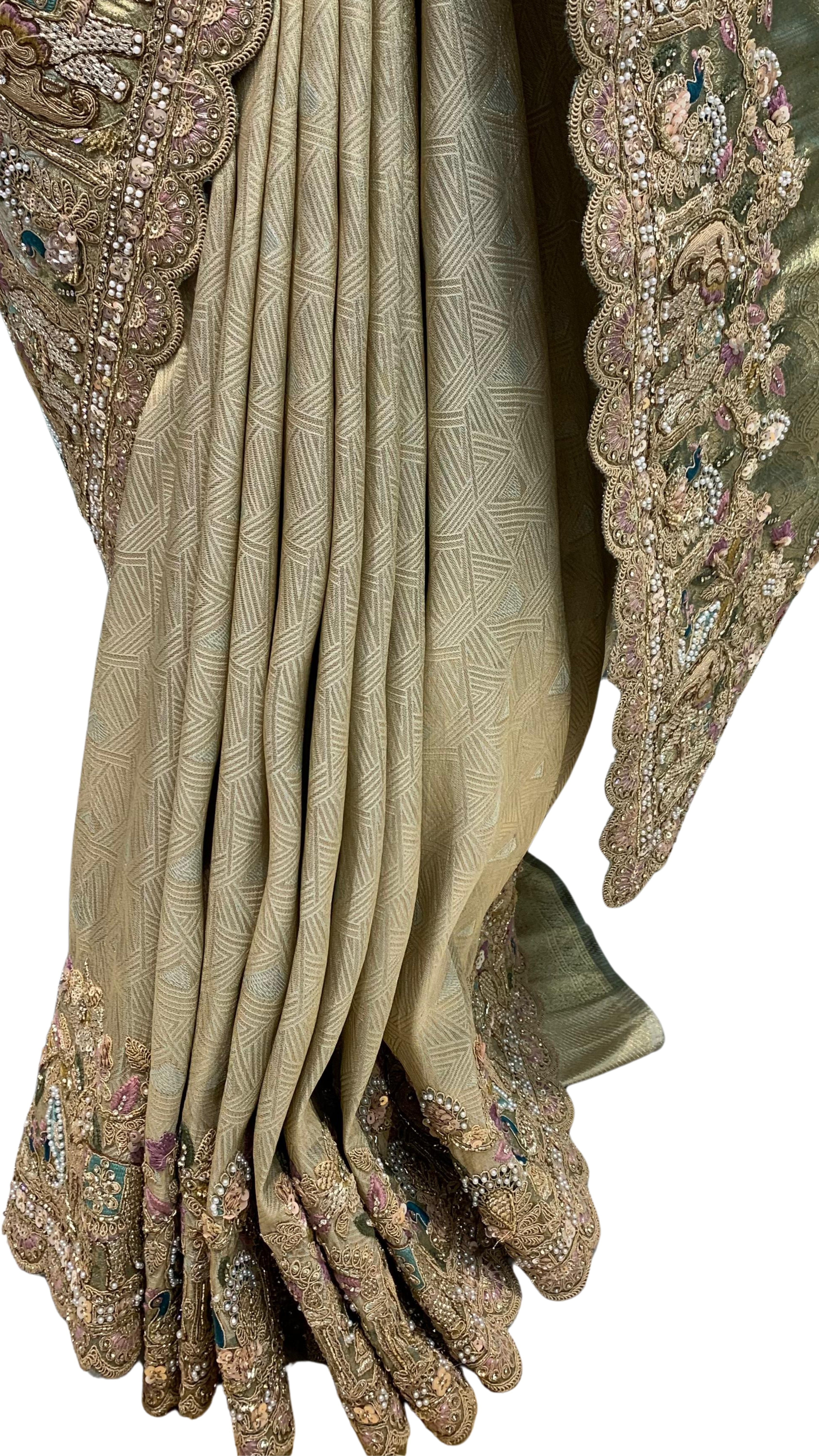 Muted Olive Gold Tissue Silk Saree Embellished with Zari, Cutdana & Zarkan Work
